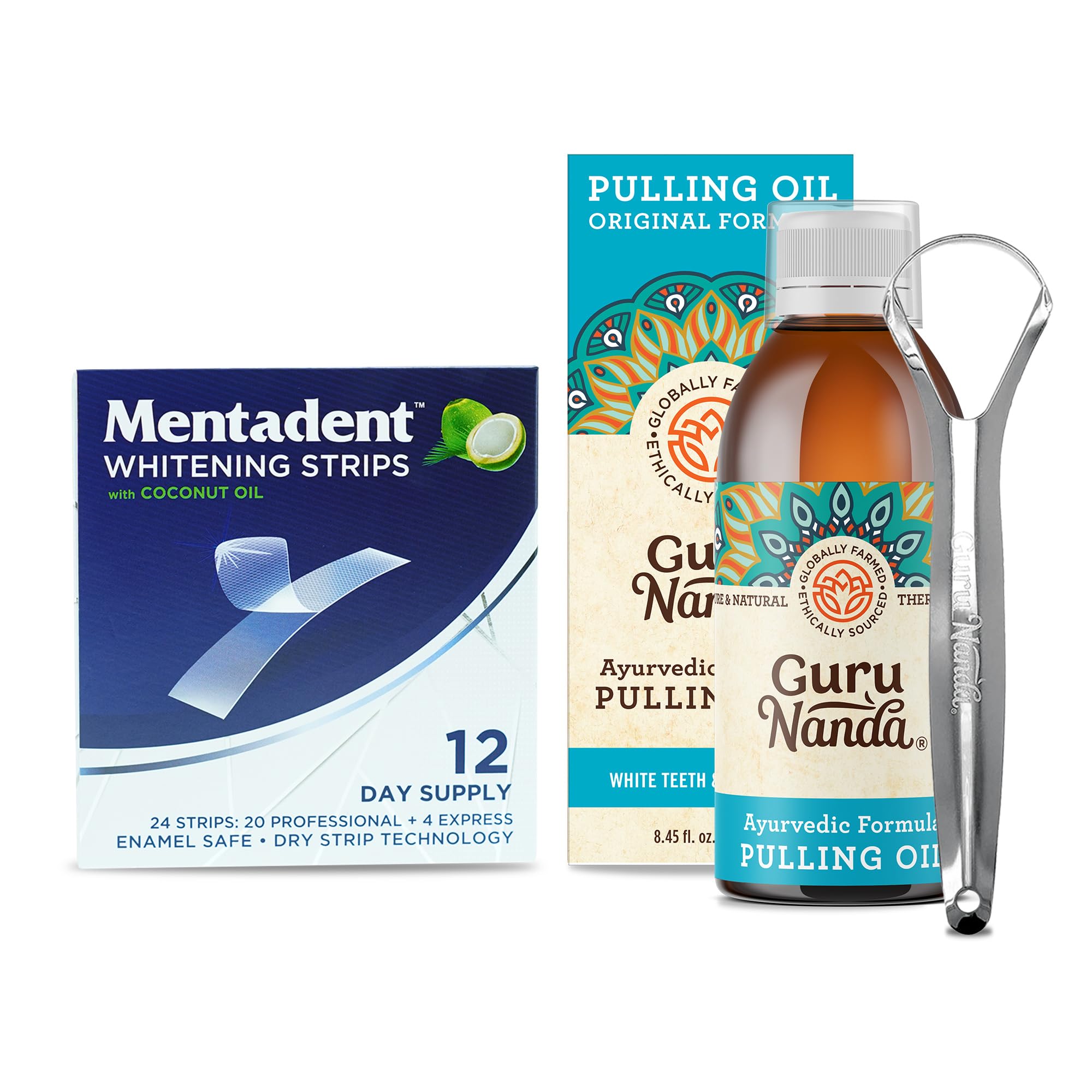 GuruNanda Original Oil Pulling Oil, Fluoride Free Vegan Natural Mouthwash & Mentadent Gentle Teeth Whitening Strips with Coconut Oil for Sensitive Teeth & Gums - 24 Pack (12 Day Supply)
