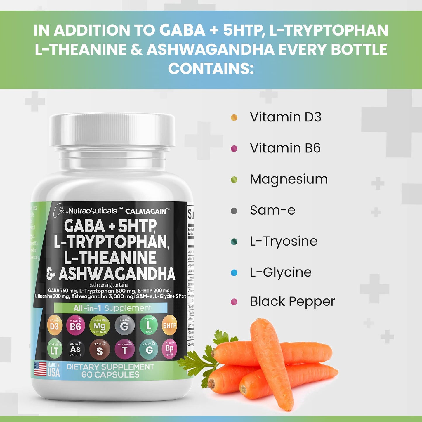 Clean Nutraceuticals GABA 750mg 5 HTP 200mg L Tryptophan 500mg L Theanine 200mg Ashwagandha 3000mg SAM-e L-Glycine - Mood Support Vitamins for Women and Men with L-Tyrosine - Made in USA 60 Caps