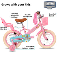 JOYSTAR Kids Bike Little Daisy 12 Inch Girls Bike with Training Wheels Doll Bike Seat Basket & Streamers Princess Kids Bicycle for Girls Toddler of 2-4 Years Toddler Girl Bikes Pink