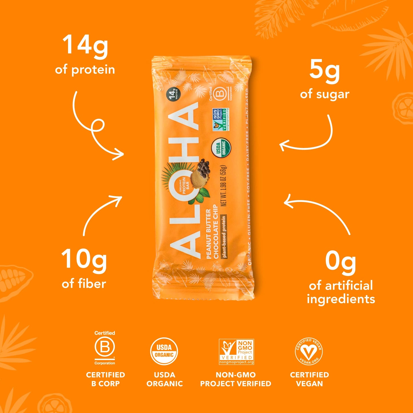 ALOHA Organic Plant Based Protein Bars |Peanut Butter Chocolate Chip | 1.98 Oz (Pack of 12) | Vegan, Low Sugar, Gluten Free, Paleo, Low Carb, Non-GMO, Stevia Free, Soy Free, No Sugar Alcohols