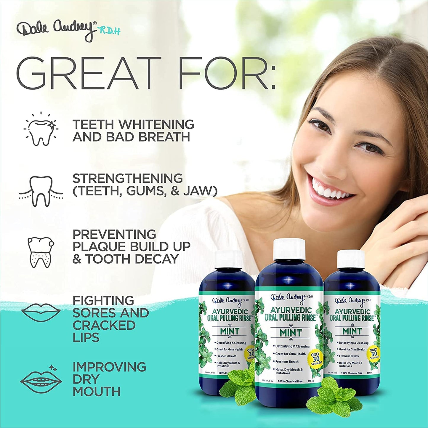 Dale Audrey Oil Pulling for Teeth and Gums | Made in USA Mint Flavored Organic Sesame Oil Pulling| Ayurvedic Oil Pulling Rinse to Whiten Your Teeth & Freshen Your Breath