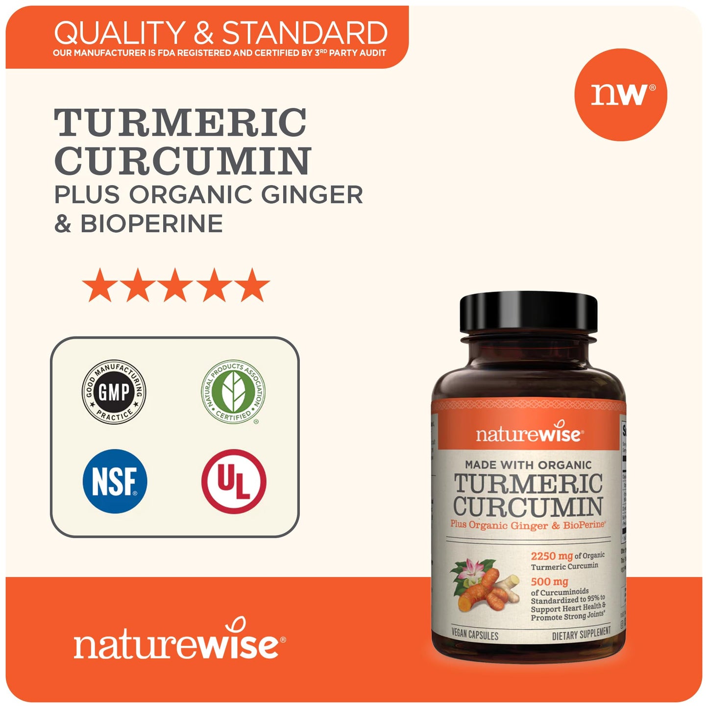 NatureWise Curcumin Turmeric 2250mg | 95% Curcuminoids & BioPerine Black Pepper Extract | Advanced Absorption for Joint Support [2 Month Supply - 180 Count]