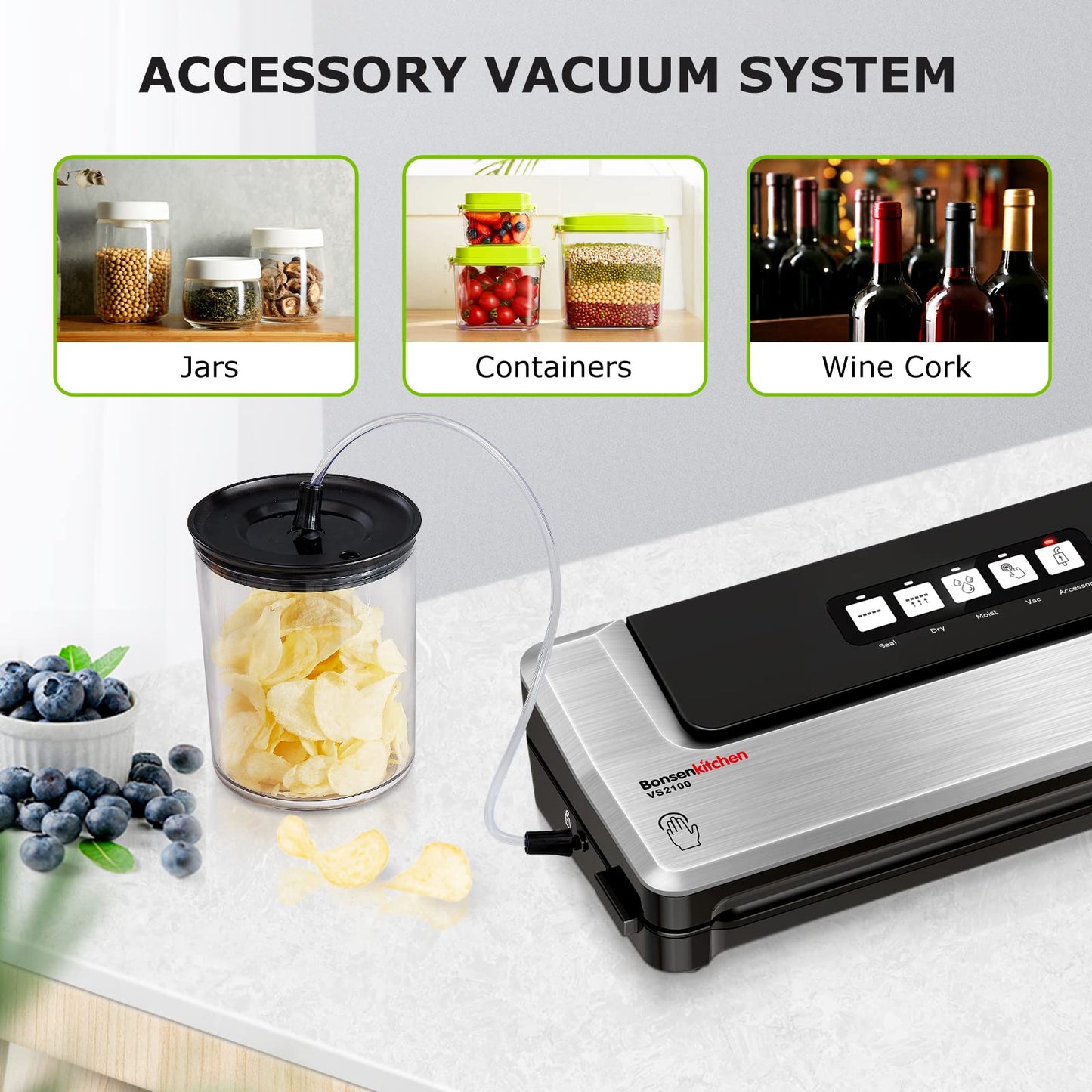 Bonsenkitchen Dry/Moist Vacuum Sealer Machine with 5-in-1 Easy Options for Sous Vide and Food Storage, Air Sealer Machine with 5 Vacuum Seal Bags & 1 Air Suction Hose, Silver