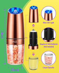 Gravity Salt and Pepper Grinder Set, Ceramic Rotor, Stainless Steel,Blue LED Light,Battery Powered, Adjustable Coarseness, Support One Hand Use, Ideal partner for kitchens, Copper, By Rongyuxuan