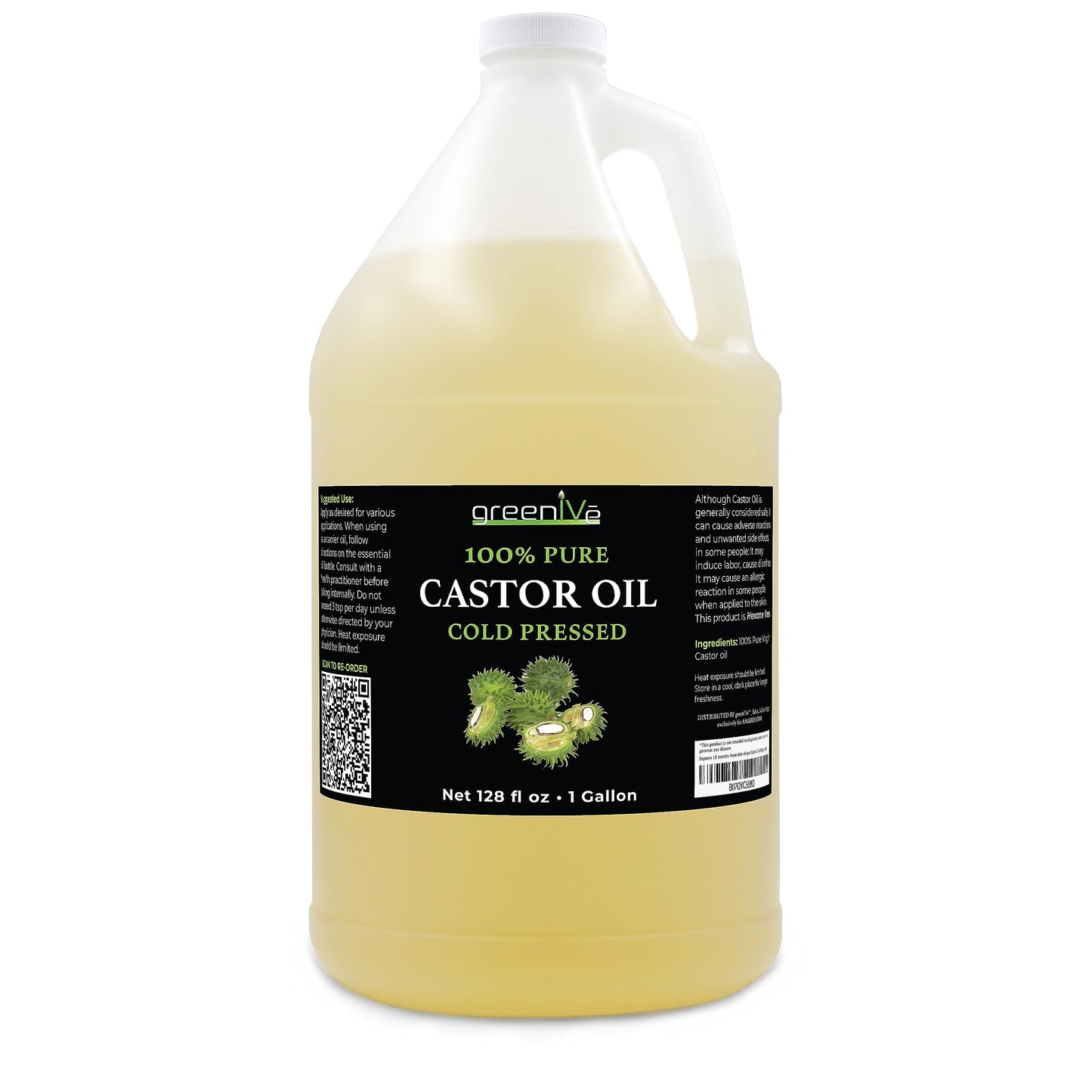GreenIVe - 100% Pure Castor Oil - Cold Pressed - Hexane Free - Exclusively on Amazon (128 Ounce (1 Gallon))