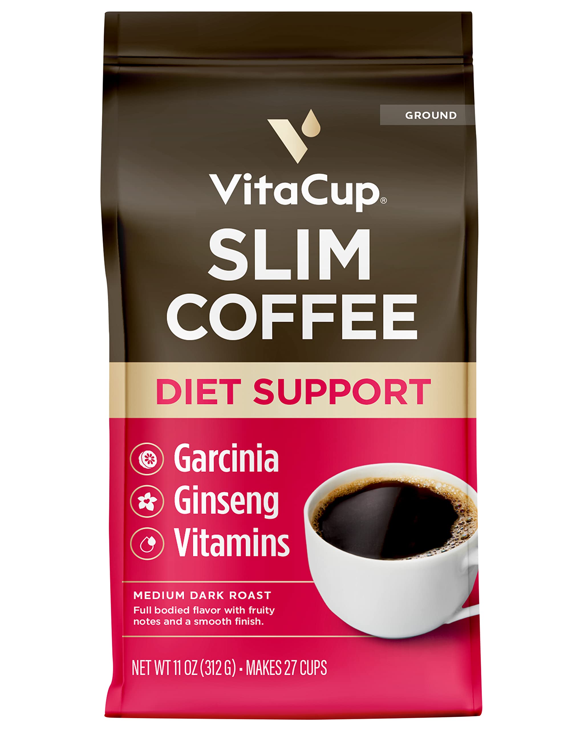 VitaCup Slim Ground Coffee, Diet Support with Ginseng, Garcinia, B Vitamins, Medium Dark Roast, Bold and Smooth,100% Arabica Specialty Coffee Grounds, 11oz