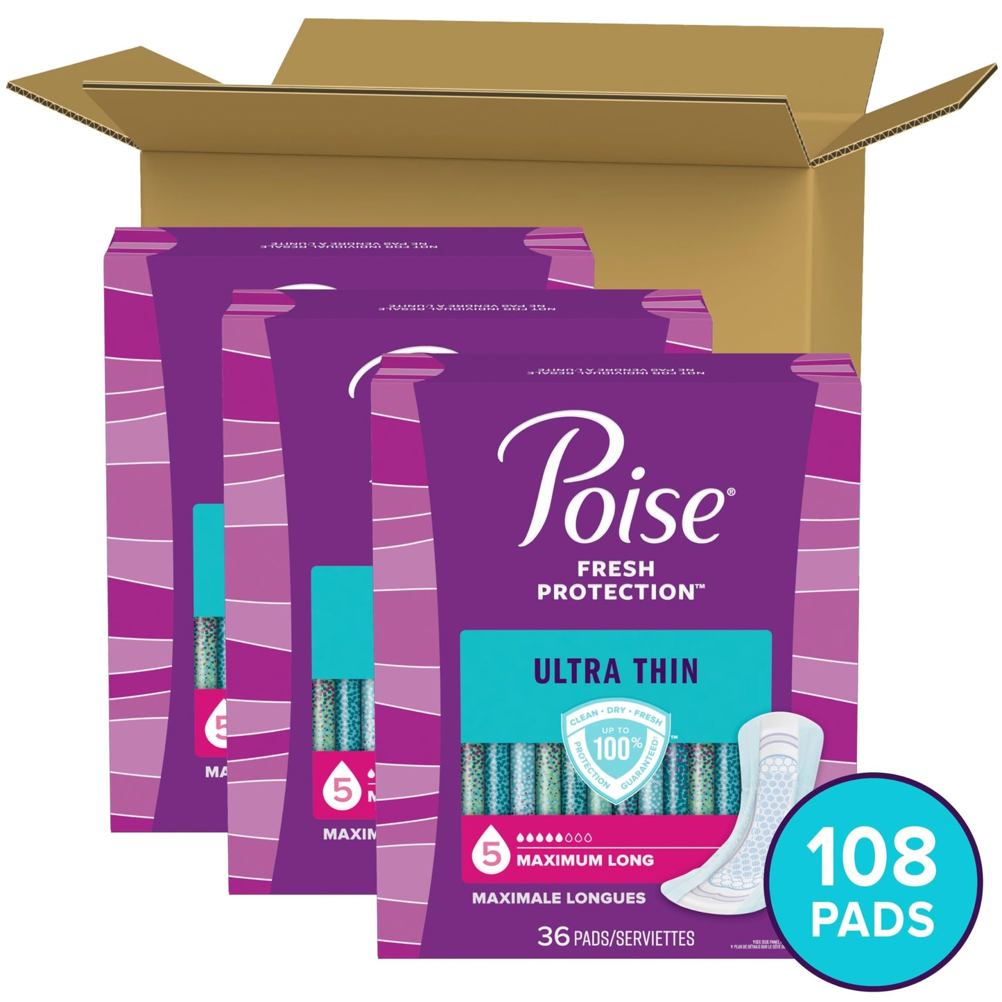 Poise Ultra Thin Incontinence Pads & Postpartum Incontinence Pads, 5 Drop Maximum Absorbency, Long Length, 36 Count (Pack of 3), Packaging May Vary