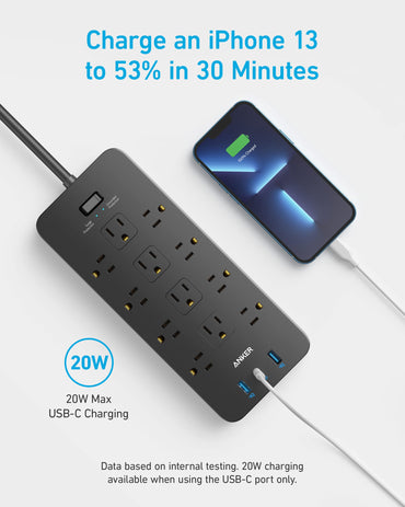 Surge Protector Power Strip (2100J), Anker 12 Outlets with 1 USB C and 2 USB Ports foriPhone 15/15 Plus/15 Pro/15 Pro Max, 5ft Extension Cord, Flat Plug, 20W USB C Charging for Home, Office,TUV Listed