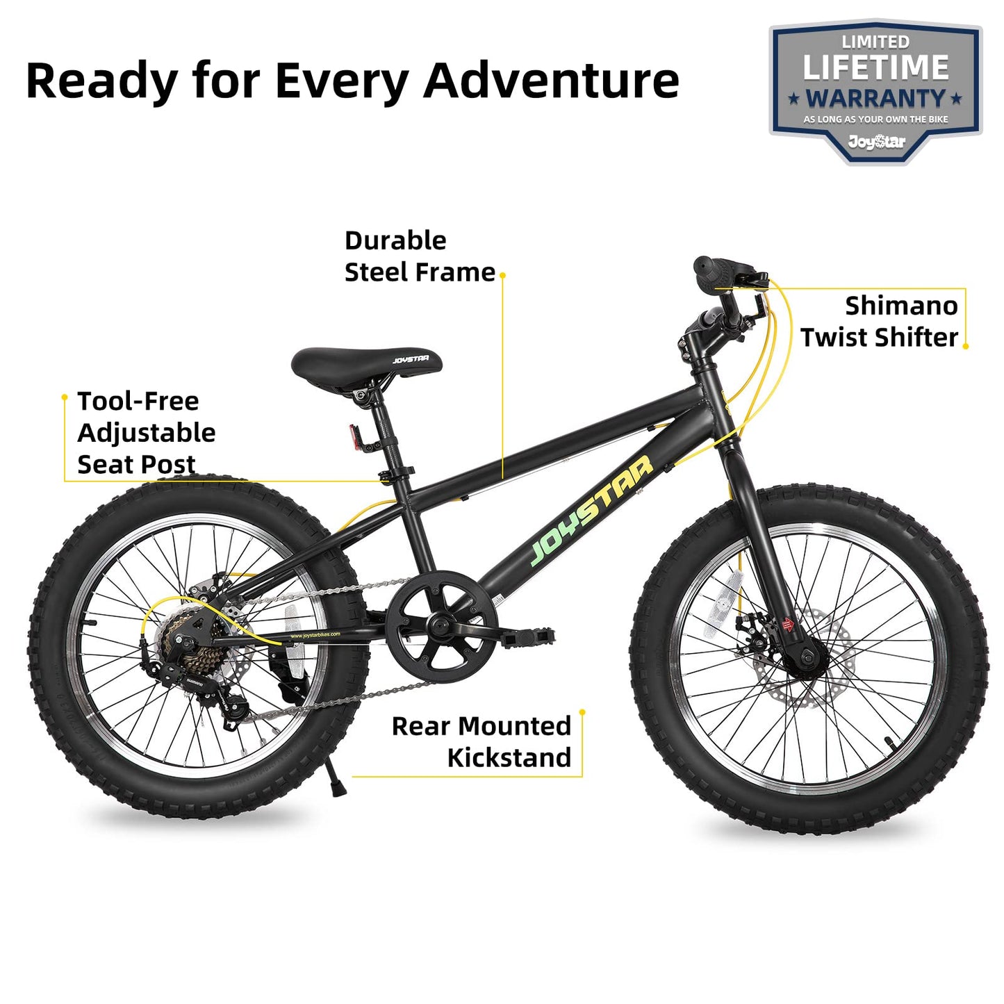 JOYSTAR 20 Inch Moutain Bike for Kids Ages 7-12 Year Old Boys Girls Shimano 7-Speed and Dual Disc Brake 20 Inch Fat Tire Boy Bike Kids' Bicycle Black