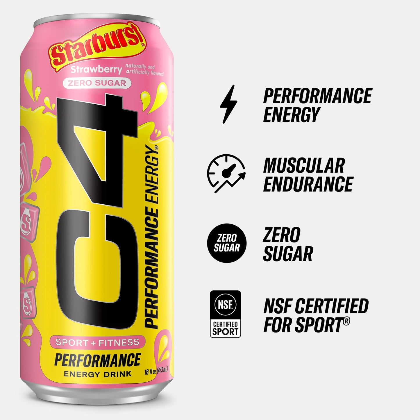 Cellucor C4 Energy Drink, STARBURST Strawberry, Carbonated Sugar Free Pre Workout Performance Drink with no Artificial Colors or Dyes, Pack of 12