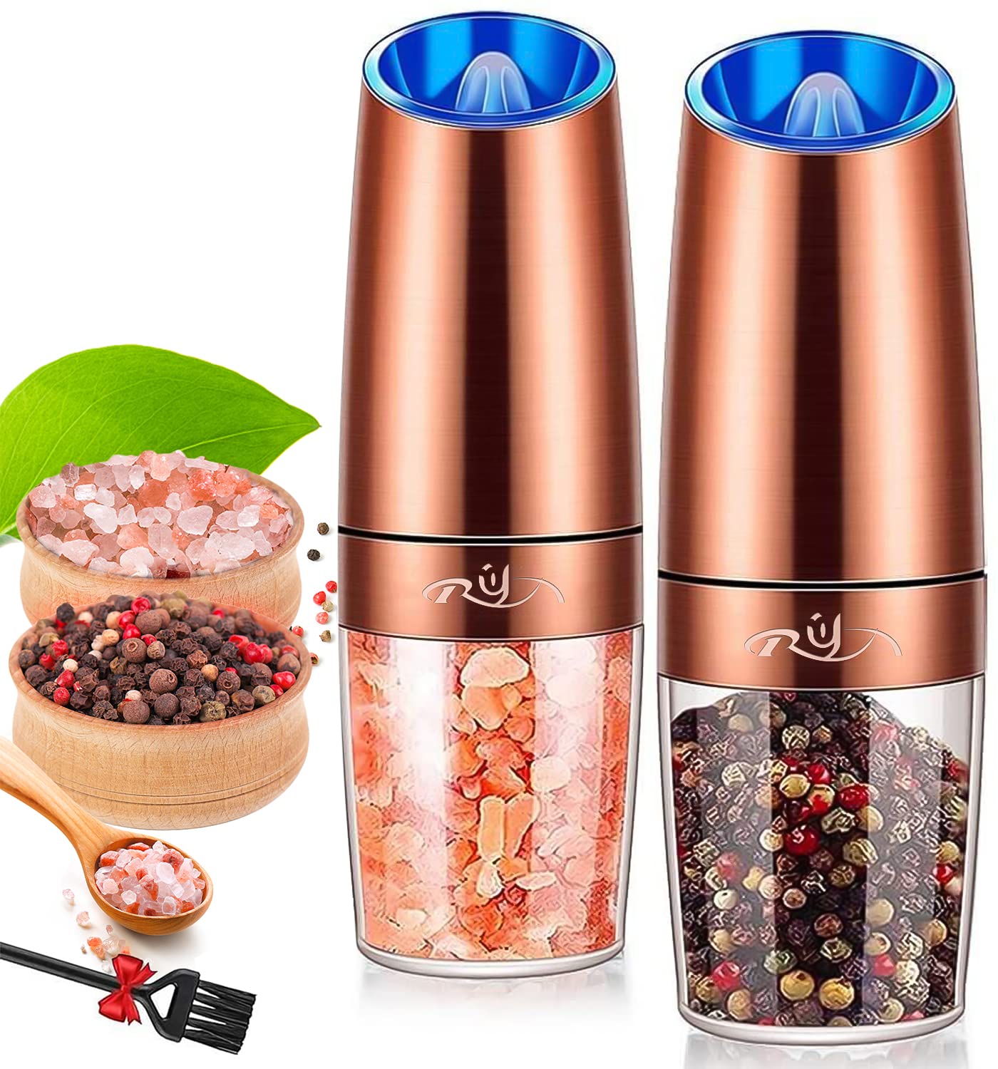 Gravity Salt and Pepper Grinder Set, Ceramic Rotor, Stainless Steel,Blue LED Light,Battery Powered, Adjustable Coarseness, Support One Hand Use, Ideal partner for kitchens, Copper, By Rongyuxuan