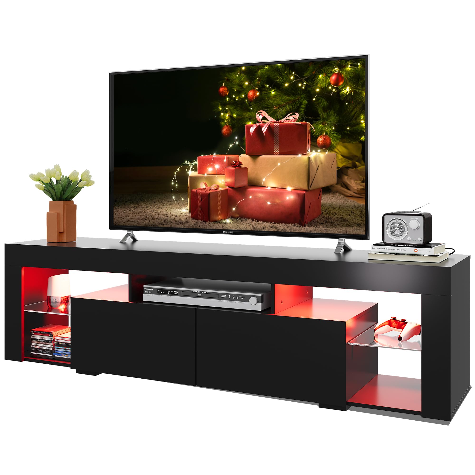 WLIVE 63 in TV Stand for 55/60/65/70 Inch TVs, Modern Entertainment Center with Open Shelves, Wood TV Console with 2 Storage Drawers, Black