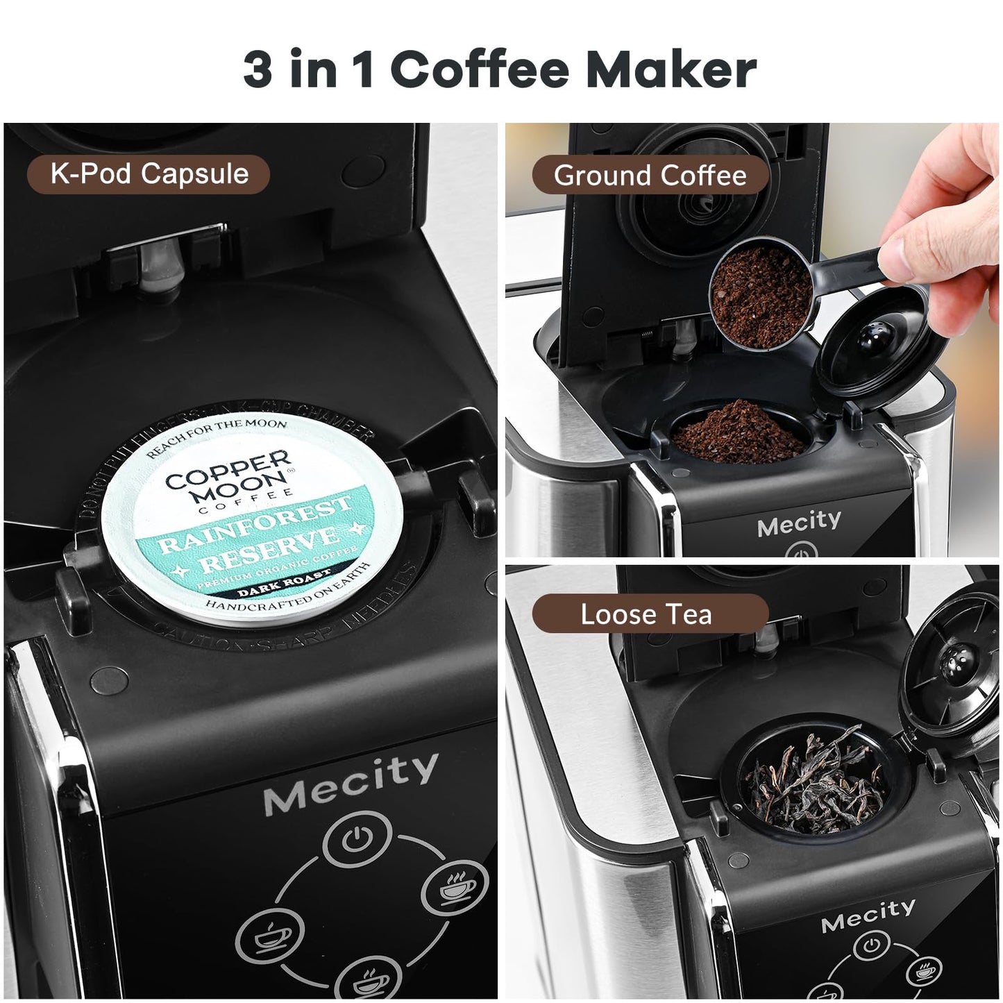 Mecity Coffee Maker 3-in-1 Single Serve Coffee Machine, Compatible with K-cup Coffee Capsule, Instant Coffee Brewer, Loose Tea maker, 6,8,10 Ounce Cup, Removable 50 Oz Water Reservoir, 120V 1150W