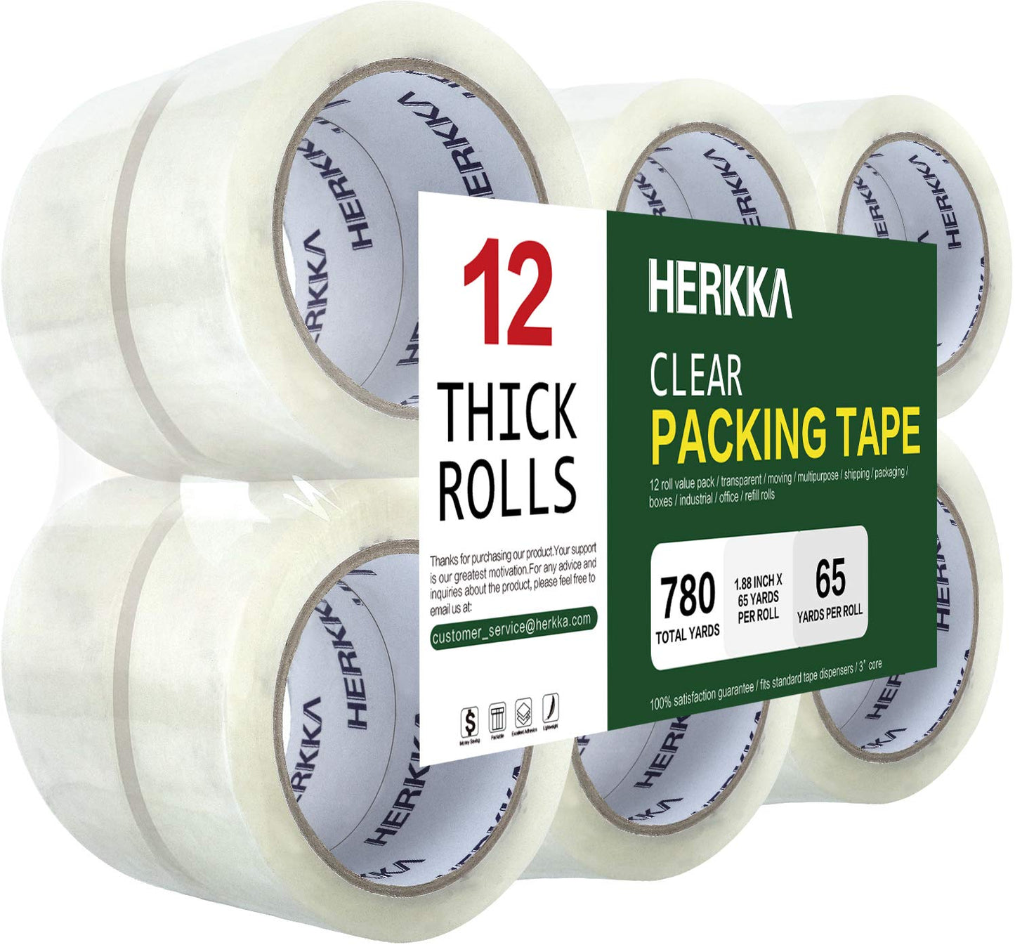 HERKKA Clear Packing Tape, 12 Rolls Heavy Duty Packaging Tape for Shipping Packaging Moving Sealing, Thicker Clear Packing Tape, 1.88 inches Wide, 65 Yards Per Roll, 780 Total Yards