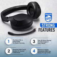 PHILIPS Wireless Noise Cancelling Headphones, Stereo Over The Ear Wireless Bluetooth Headphones with Removable Mic, Bluetooth Headset with Microphone, Lightweight and Touch Control, 55 Hours Playtime