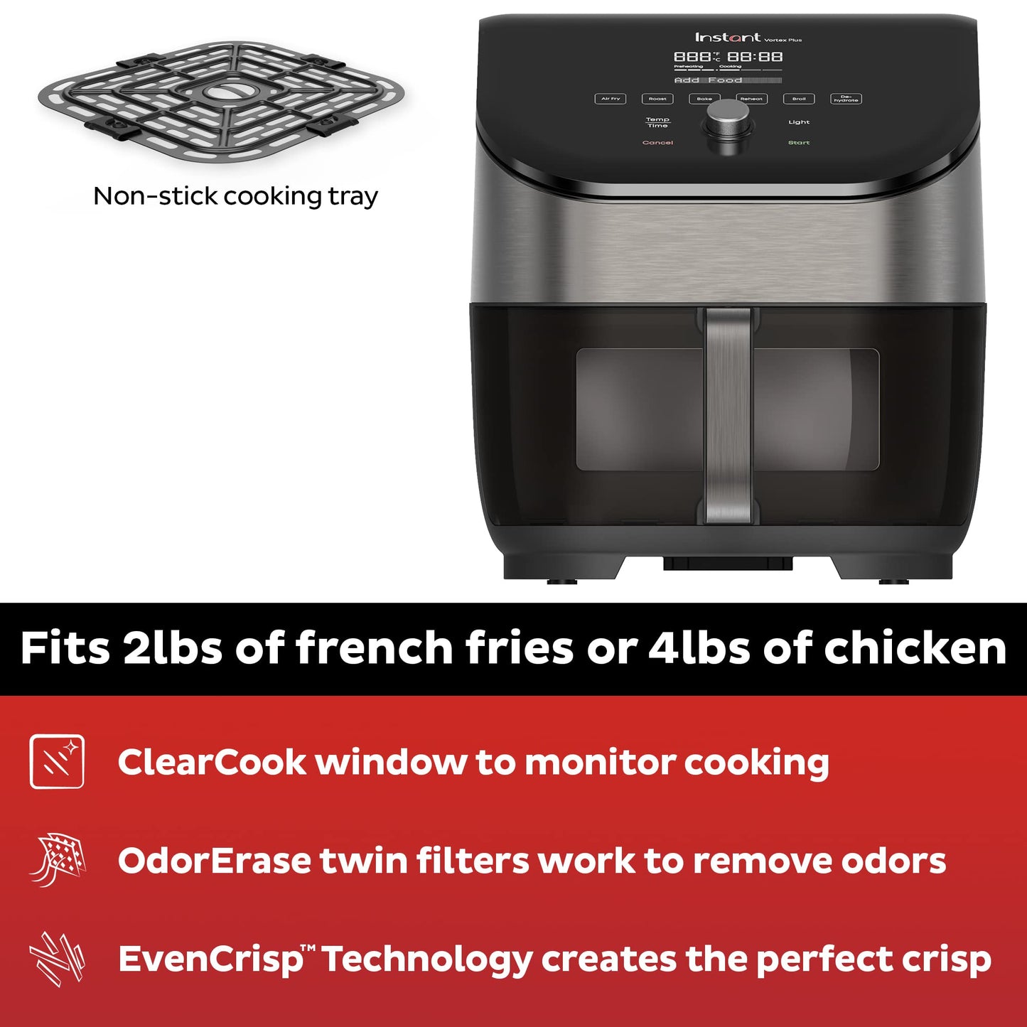 Instant Pot 6-Quart Air Fryer Oven, From the Makers of Instant with Odor Erase Technology, ClearCook Cooking Window, App with over 100 Recipes, Single Basket, Stainless Steel