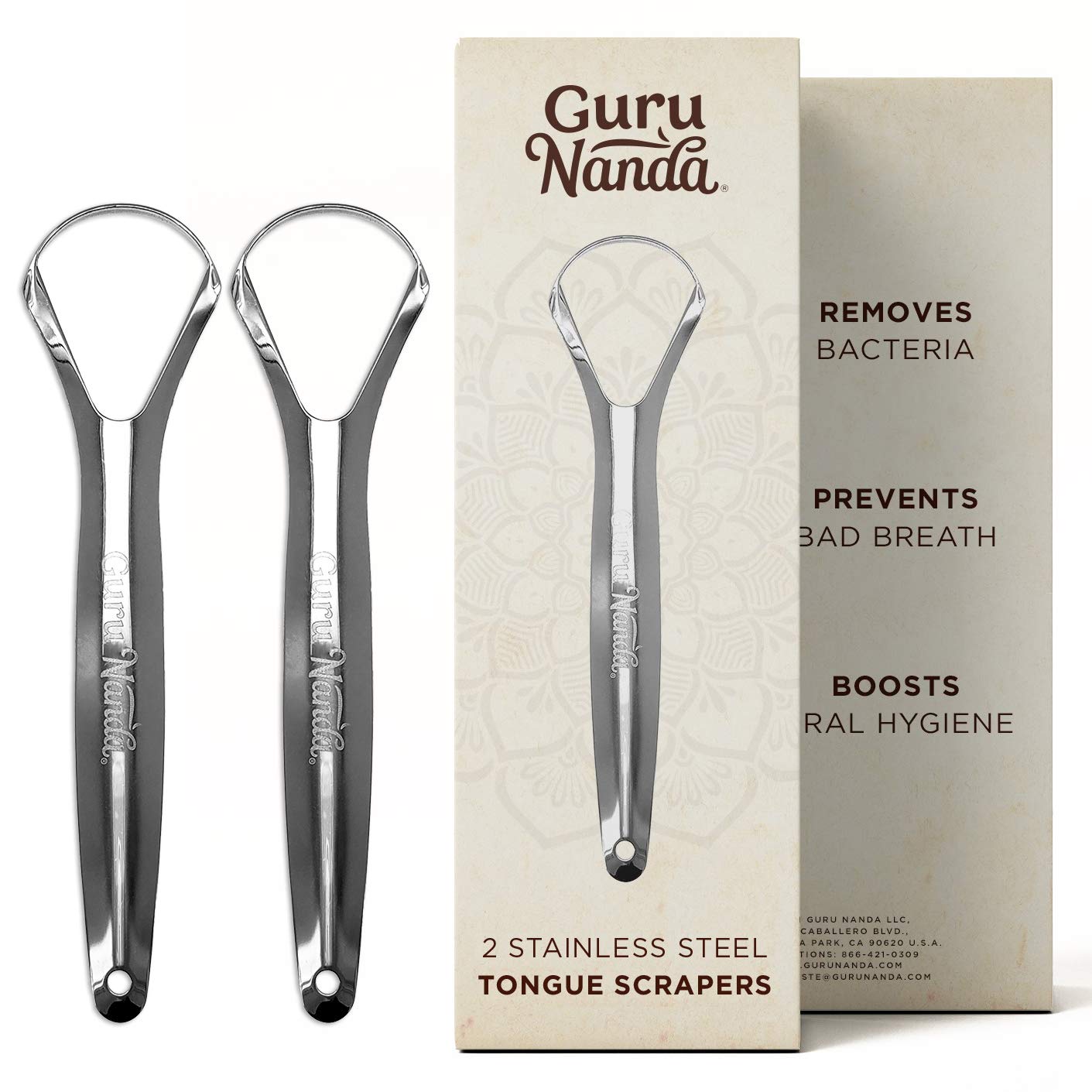 GuruNanda Stainless Steel Tongue Scraper (Pack of 2), Fights Bad Breath & Advanced Formula Oil Pulling, Natural Coconut Oil Mouthwash with Essential Oils