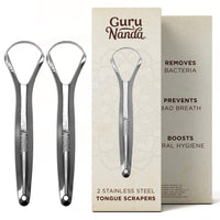 GuruNanda Stainless Steel Tongue Scraper (Pack of 2), Fights Bad Breath & Advanced Formula Oil Pulling, Natural Coconut Oil Mouthwash with Essential Oils