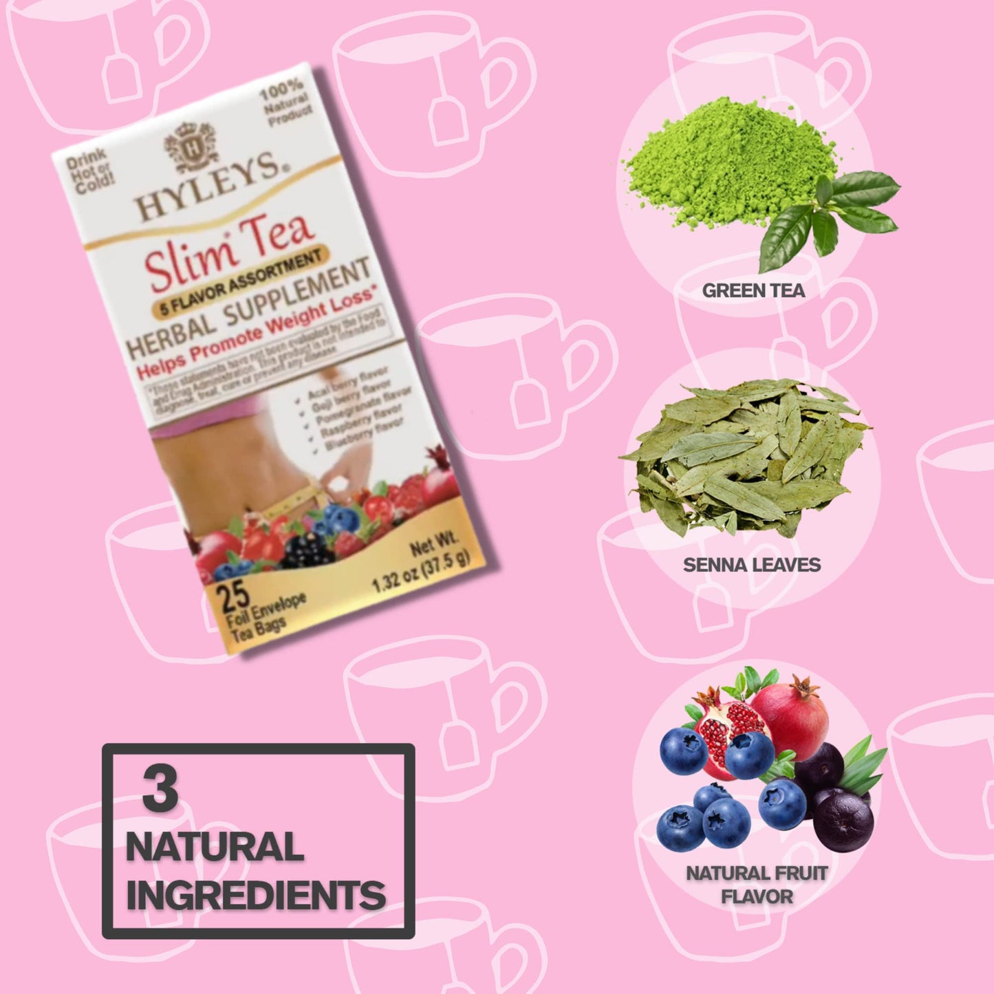 Hyleys Slim Tea 5 Flavor Assortment - Weight Loss Herbal Supplement Cleanse and Detox - 25 Tea Bags (1 Pack)