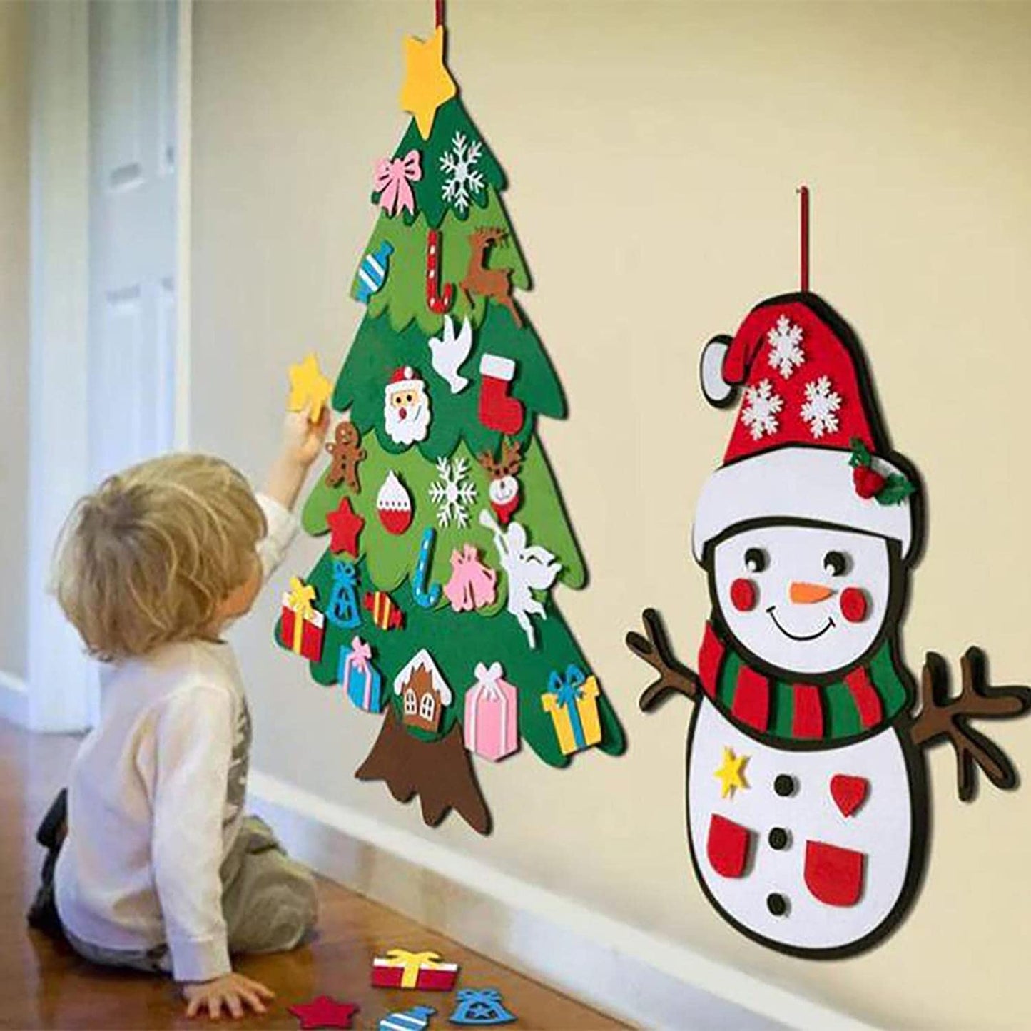 Montessori Christmas Tree for Toddlers, Montessori Christmas Tree with Lights, Kids Interactive Christmas Tree with 21Pcs Detachable Tree Ornaments for Kid Wall