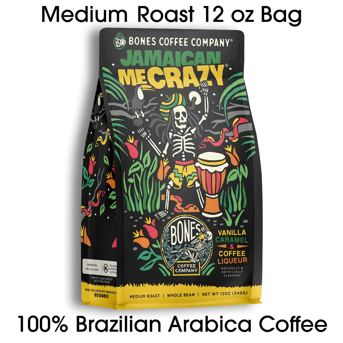 Bones Coffee Company Jamaican Me Crazy Ground Coffee Beans Vanilla Caramel, and Coffee Liqueur Flavor | 12 oz Medium Roast Low Acid Coffee | Flavored Coffee Gifts & Beverages (Ground)