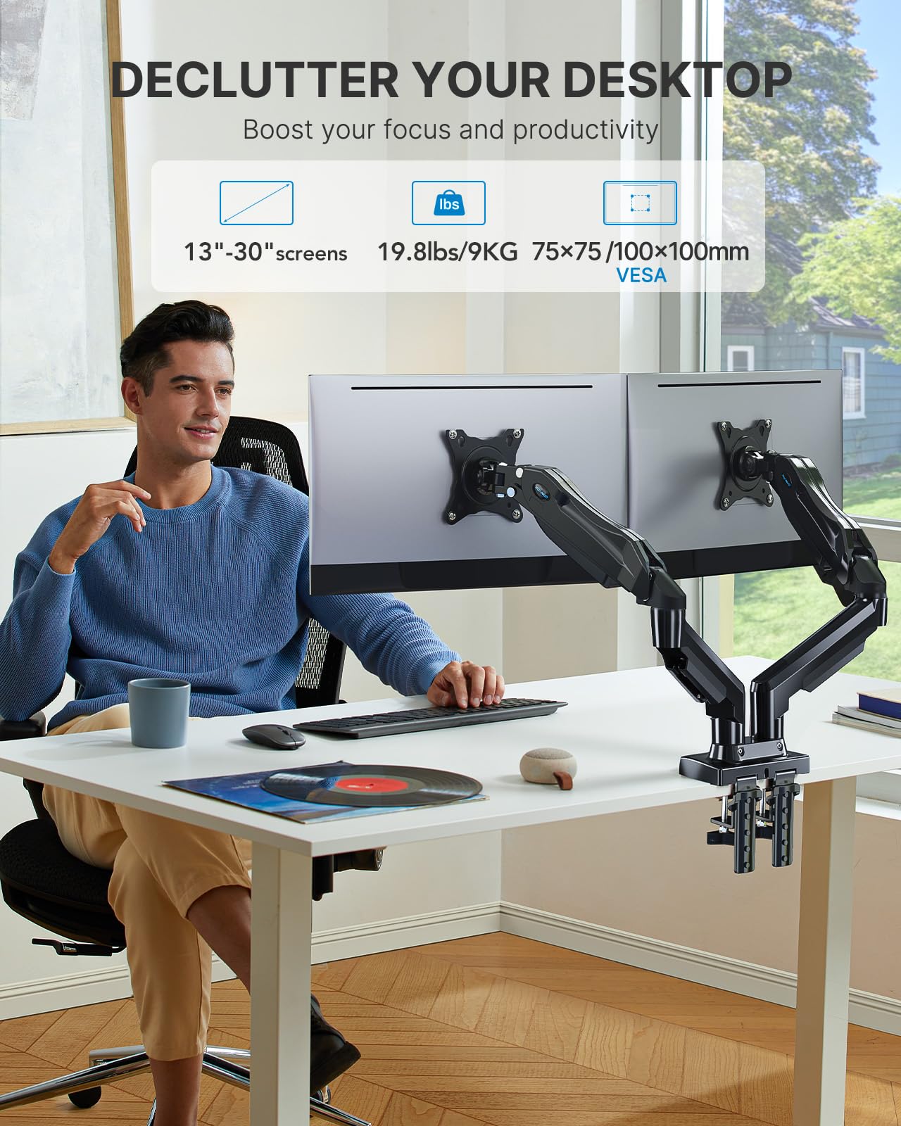 HUANUO Dual Monitor Stand - Adjustable Spring Monitor Desk Mount Swivel Vesa Bracket with C Clamp, Grommet Mounting Base for 13 to 27 Inch Computer Screens - Each Arm Holds 4.4 to 14.3lbs