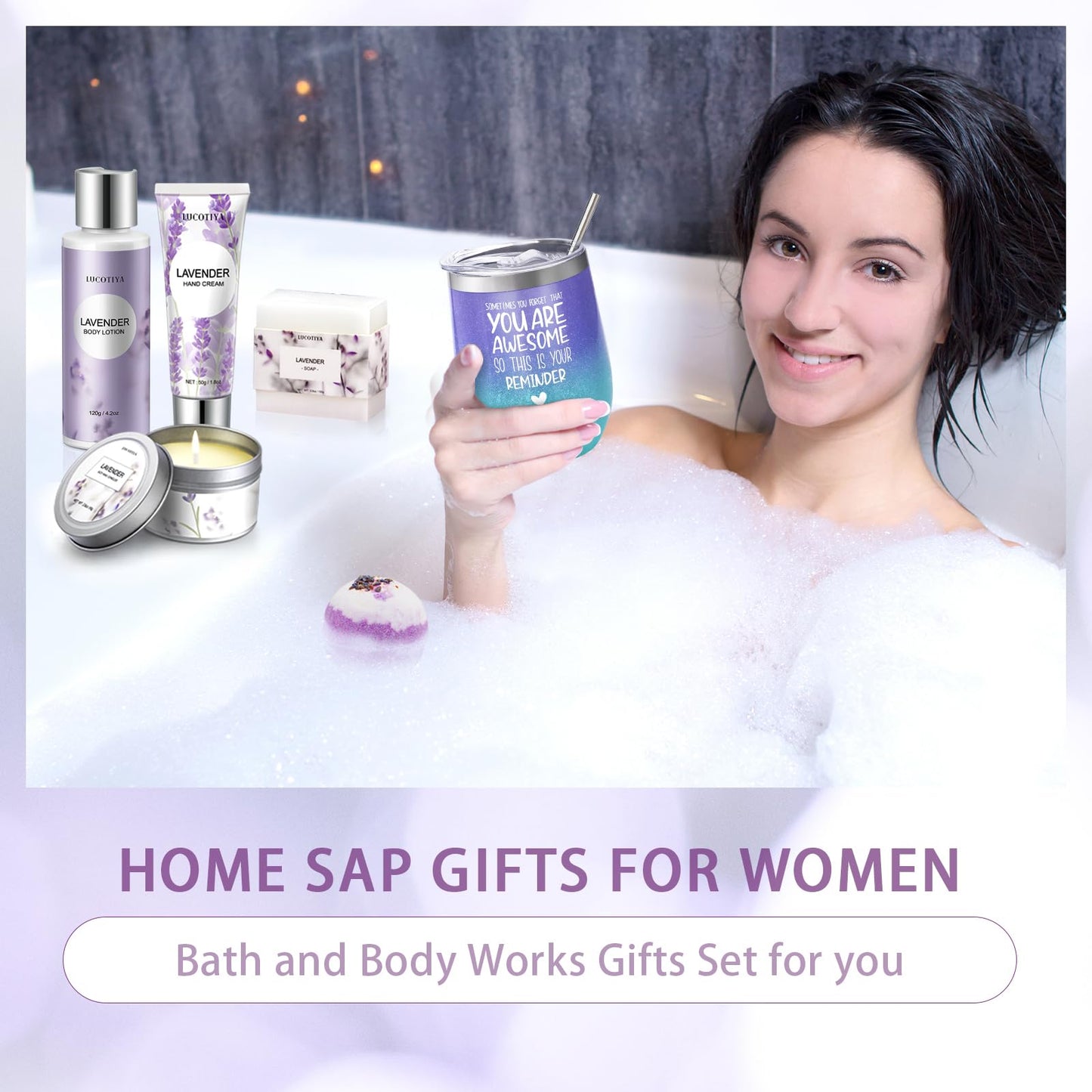 Birthday Gifts for Women Bath and Body Works Gifts Set Spa Gifts Baskets Bubble Bath Lavender Gifts for Mom,Her,Sister,Wife,Auntie Wine Tumbler Purple Womens Gifts