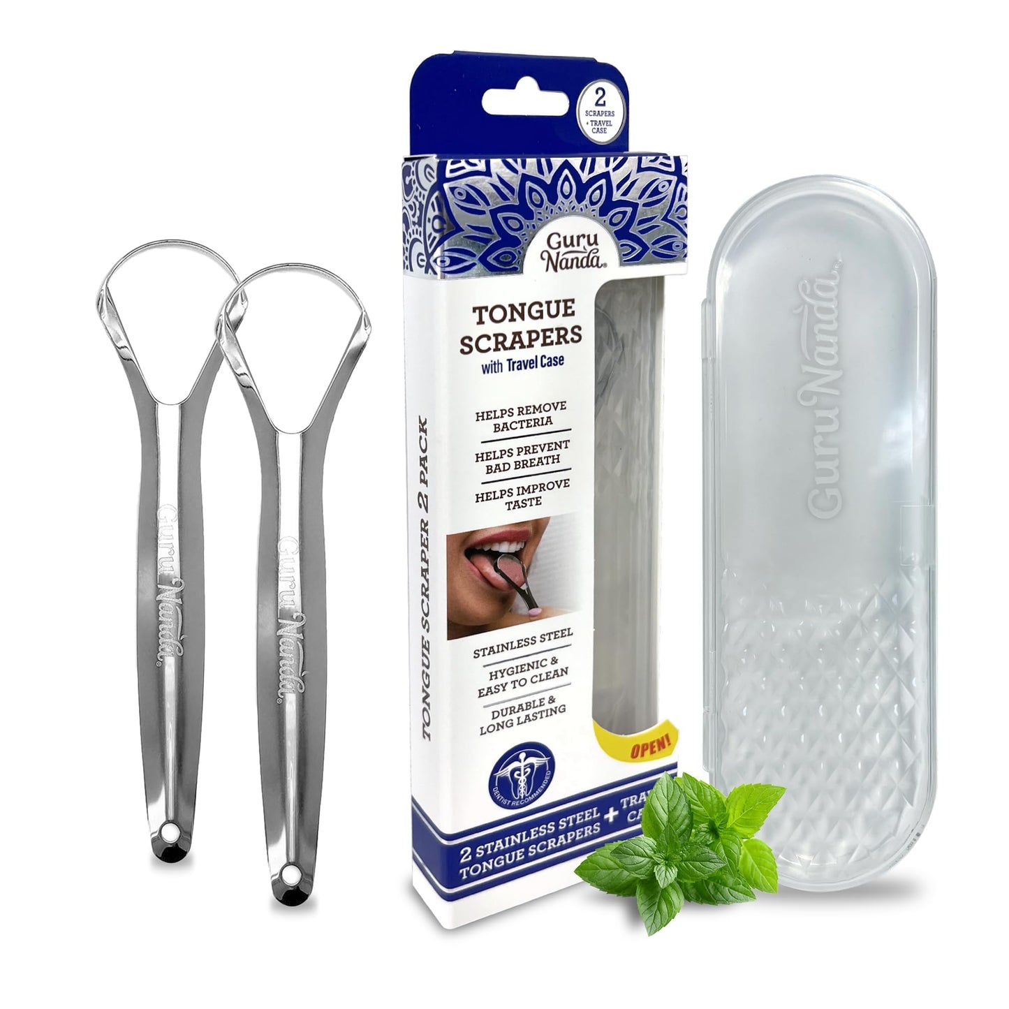 GuruNanda Stainless Steel Tongue Scraper (Pack of 2), Fights Bad Breath & Original Oil Pulling Oil, Fluoride Free Vegan Natural Mouthwash