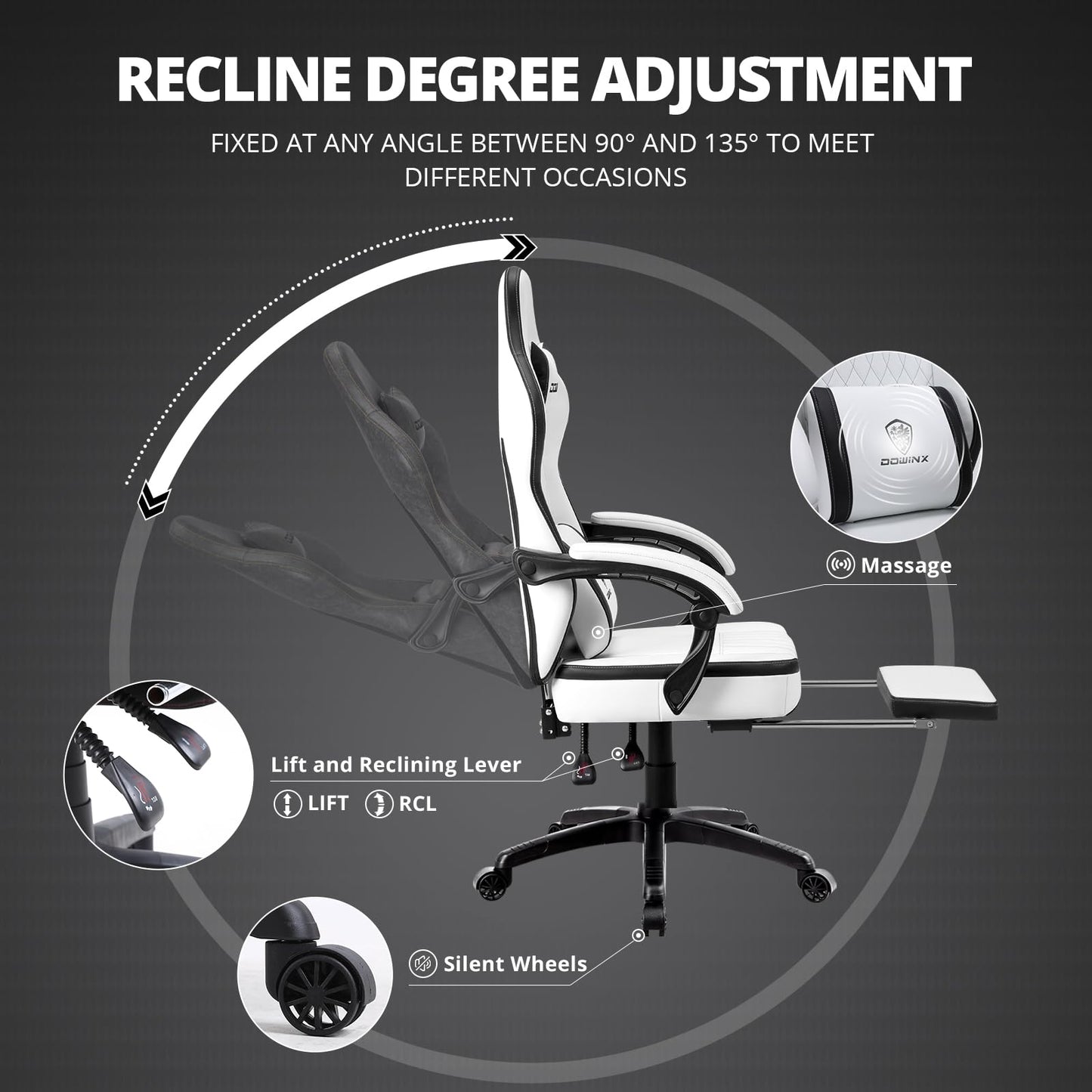 Dowinx Gaming Chair Breathable PU Leather Gamer Chair with Pocket Spring Cushion, Ergonomic Computer Chair with Massage Lumbar Support,Adjustable Swivel Task Chair with Footrest(Black&White)