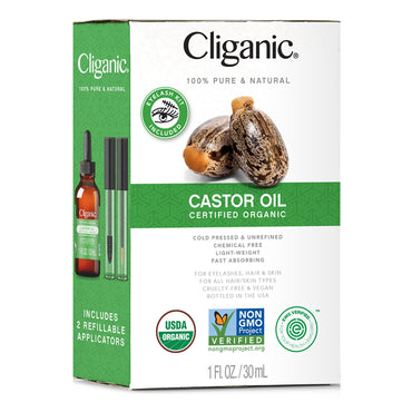 Cliganic Organic Castor Oil, 100% Pure (4oz with Eyelash Kit) - For Eyelashes, Eyebrows, Hair & Skin