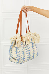 Fame Day Dreamer Weaved Fringe Tote Bag in Blue