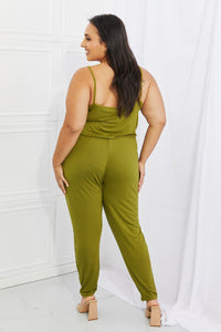 Capella Comfy Casual Full Size Solid Elastic Waistband Jumpsuit in Chartreuse