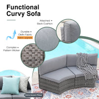 SUNSITT Outdoor Patio Furniture 11-Piece Half-Moon Sectional Round Set Curved Sofa with Tempered Glass Coffee Table, 4 Pillows, Grey Rattan