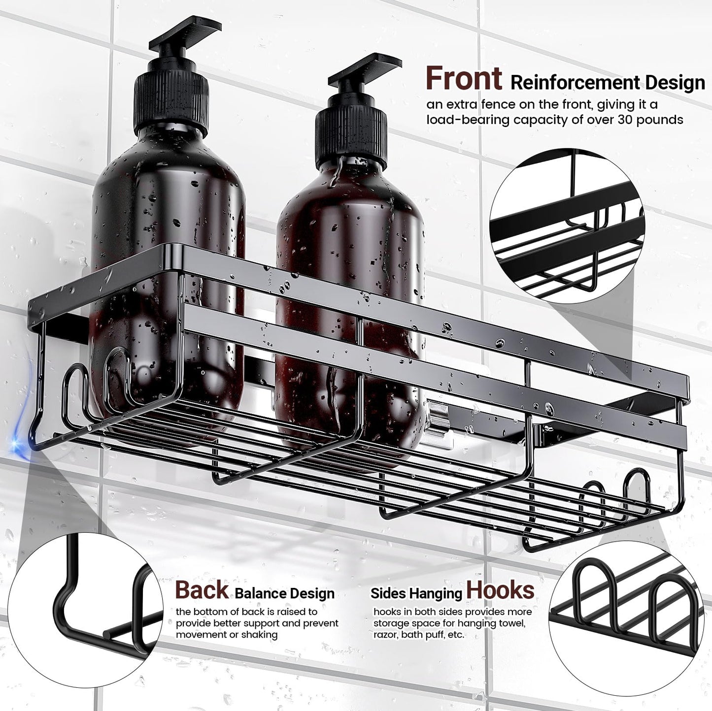 WOWBOX Shower Caddy Shelf, 2 Pack Adhesive Bathroom Shower Organizer Hanging Shower Shelf for Inside Shower, No Drilling Stainless Black Shower Shelves for Bathroom Storage&Home Decor&Kitchen