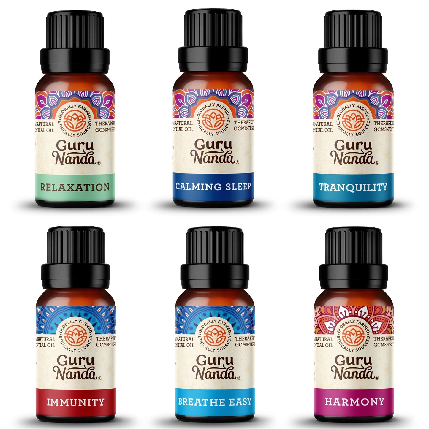 Guru Nanda (Set of 6) Therapeutic Grade Essential Oil Blends - 100% Pure & Natural Aromatherapy Blends for Oil Diffusers & Topical Use & Menthol Vaporizer Pads, 18 Count