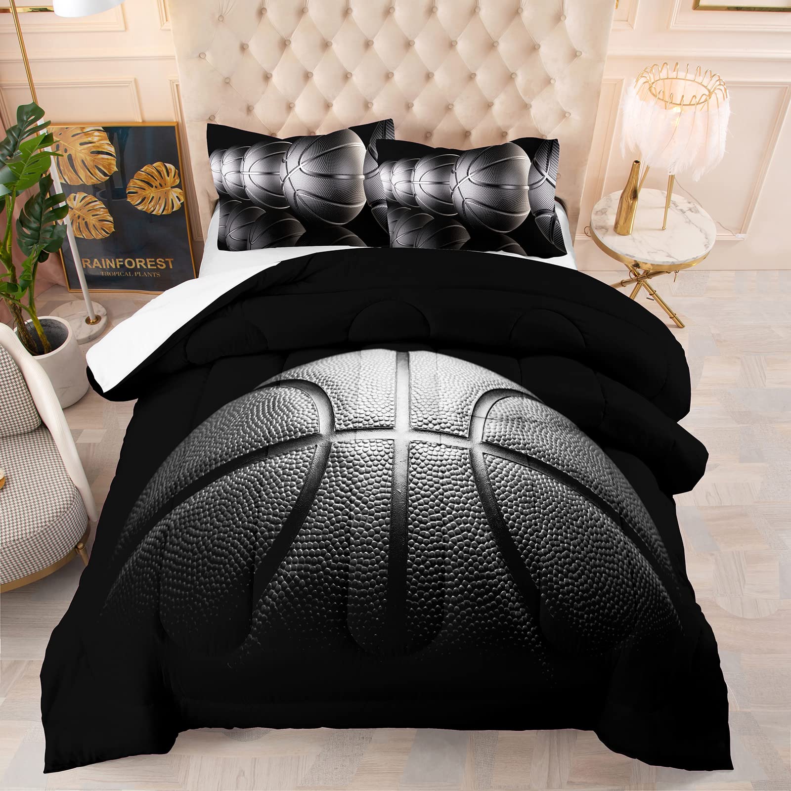 Tailor Shop Basketball Comforter Set for Boys Kids Teens Ultra Soft Microfiber Black and Gray Sports Theme Basketball Bedding Sets Full Size with 1 Comforter and 2 Pillowcases…