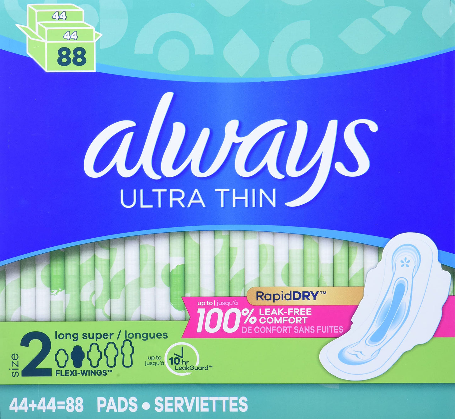Always Ultra Thin Feminine Pads with Wings, Long/Super, Unscented, 88 Count