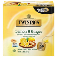 Twinings Lemon & Ginger Herbal Tea, 100 Individually Wrapped Tea Bags, Tangy Lemon, Spicy Ginger, Naturally Caffeine Free