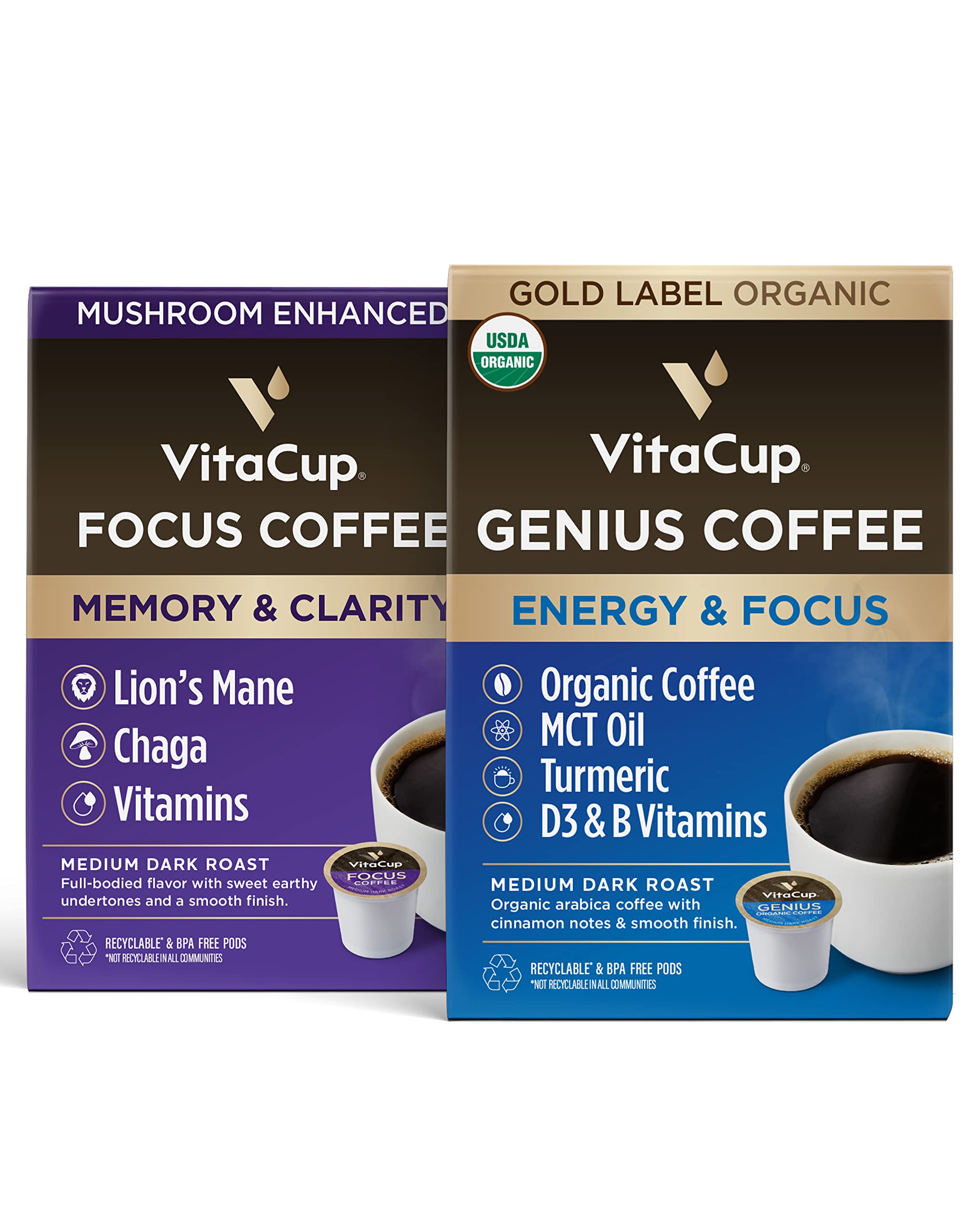 Vitacup Genius Gold & Focus Mushroom Coffee 32 Pod Bundle | Energy & Focus |Superfood & Vitamins Infused | Variety Pack of (2) 16 Count Single Serve Recyclable Pods Compatible with K-Cup Brewers