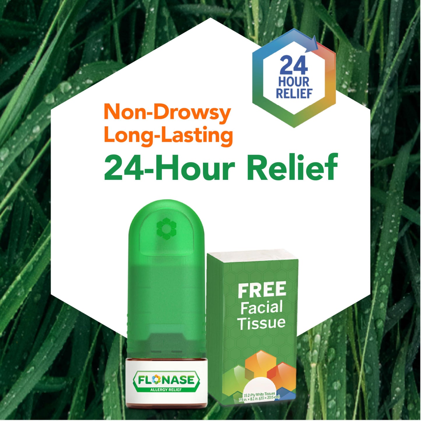 Flonase Allergy Relief Nasal Spray, 24 Hour Non Drowsy Allergy Medicine, Metered Nasal Spray - 144 Sprays (Pack of 2) + Pack of Tissues- Fall and Seasonal Allergy Relief