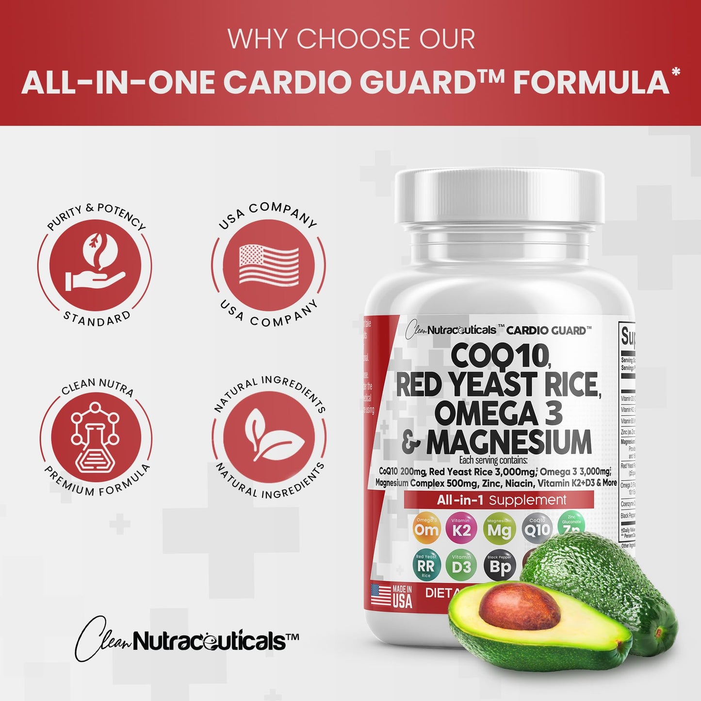 COQ10 200mg Red Yeast Rice 3000mg Omega 3 3000mg Magnesium Complex 500mg Niacin Zinc Vitamin K2 D3 - Heart Health Support Vitamins for Women and Men with Vitamin B3, Coenzyme Q10 - Made in USA 60 Caps