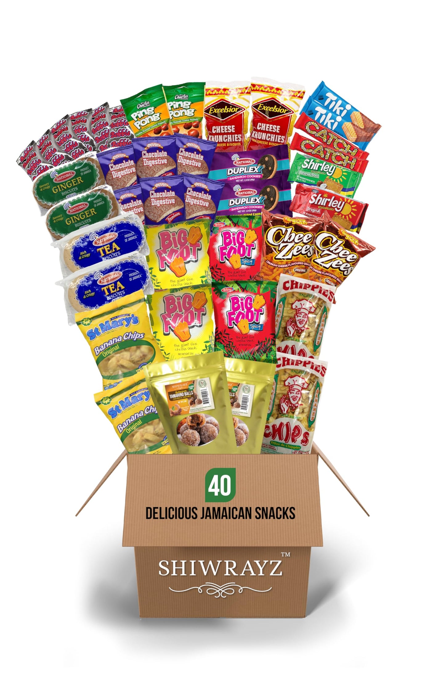 SHIWRAYZ Jamaican Variety Snack Box Exotic Snacks (40ct) International College Student Military Care Package Jamaican snacks Gift Box Lunch Box Snack Assorted Caribbean Food Treats Chips Chocolate