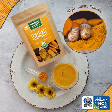 FeelGood Organic Superfoods Turmeric Powder with Natural Curcumin, Vegan, Non-GMO, Gluten Free, Pure Ground Turmeric Root from India, 8 oz