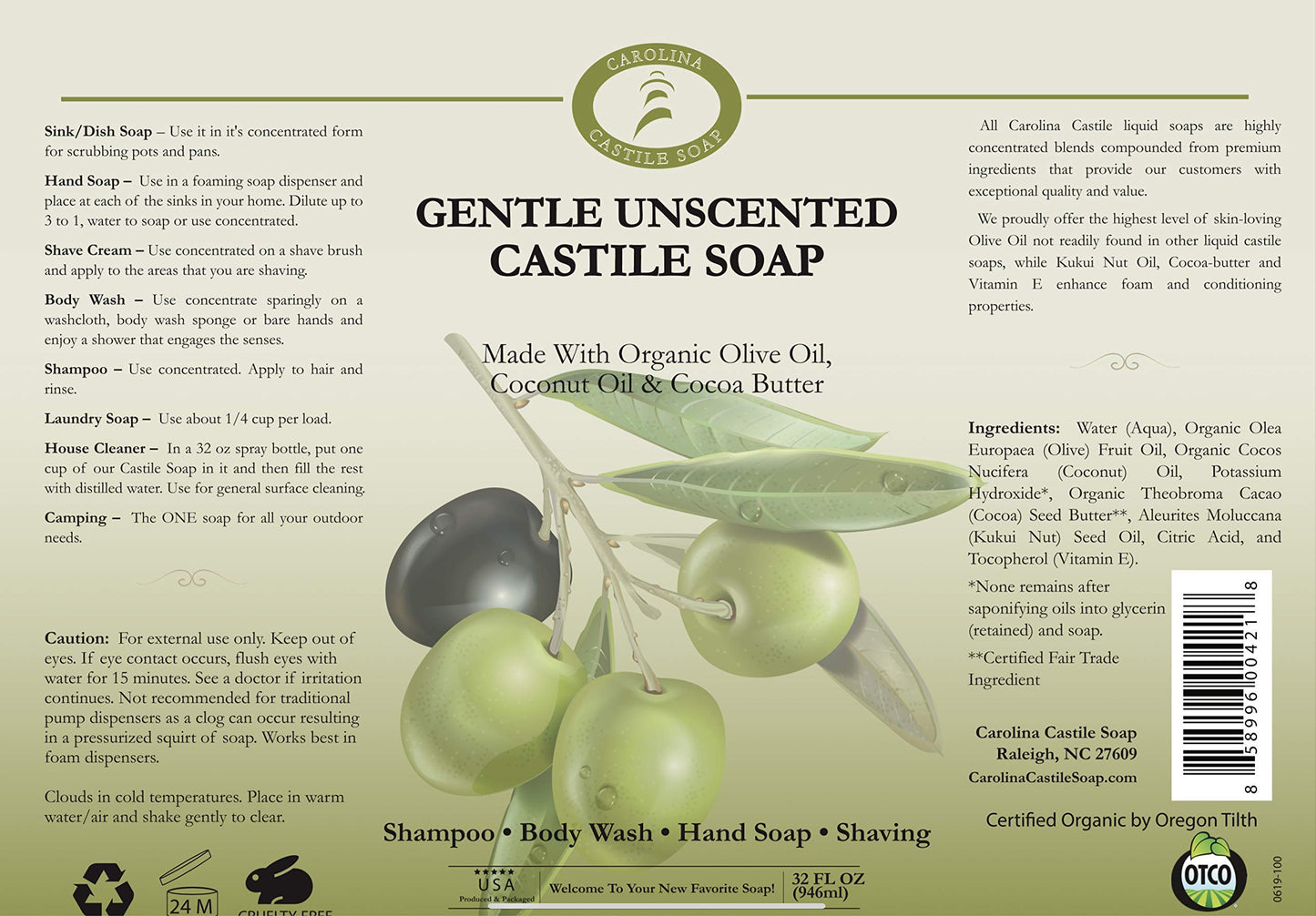 Carolina Castile Soap Unscented Castile Soap Liquid - 32 oz Vegan & Pure Organic Soap Concentrated Non Drying All Natural Formula Good for Sensitive Skin (32 Ounces)