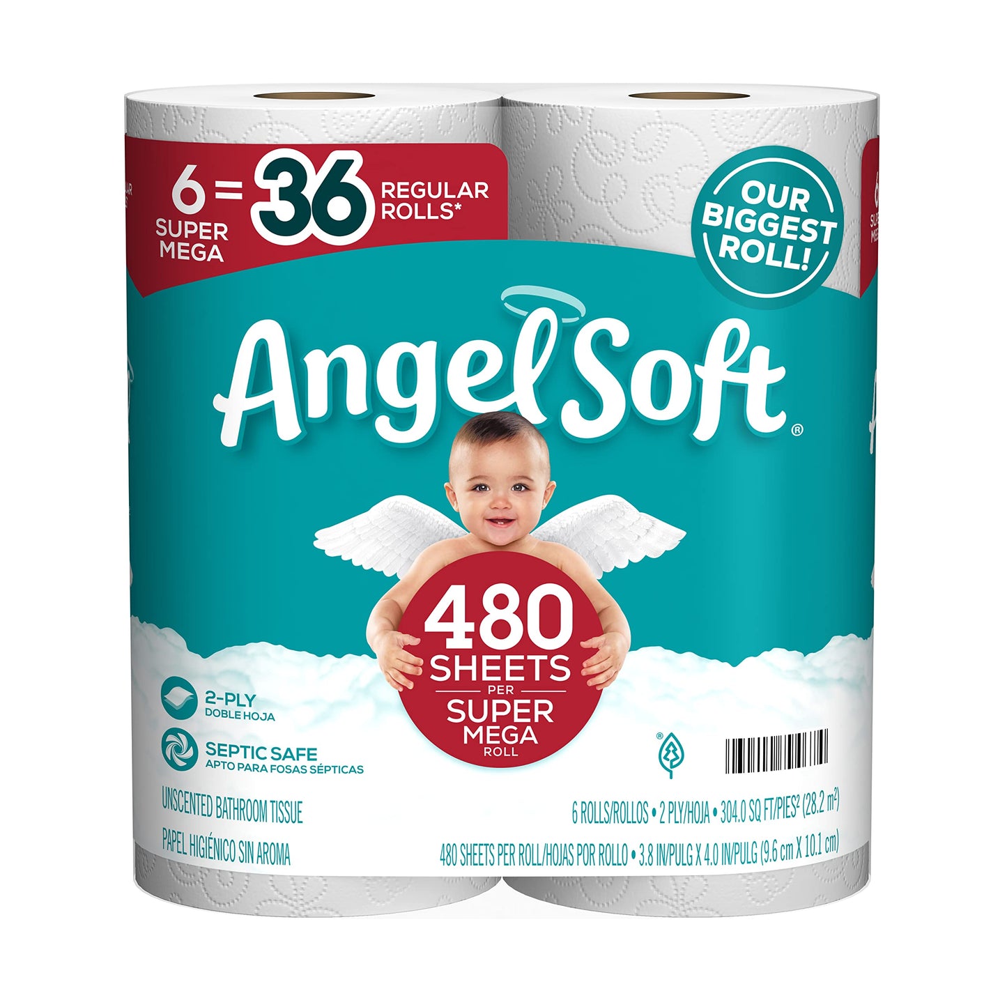 Angel Soft Toilet Paper, 6 Super Mega Rolls = 36 Regular Rolls, 6 Count (Pack of 1)