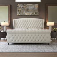 AMERLIFE King Size Platform Bed Frame, Chenille Upholstered Sleigh Bed with Scroll Wingback Headboard & Footboard/Button Tufted/No Box Spring Required/Cream