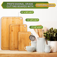 Bamboo Cutting Board Set of 3, Wood Cutting Boards in Large, Medium & Small Size, Organic Wooden Cutting Boards for Kitchen, Vegetable & Meat Cutting Board, Cutting Board with Juice Groove & Handles