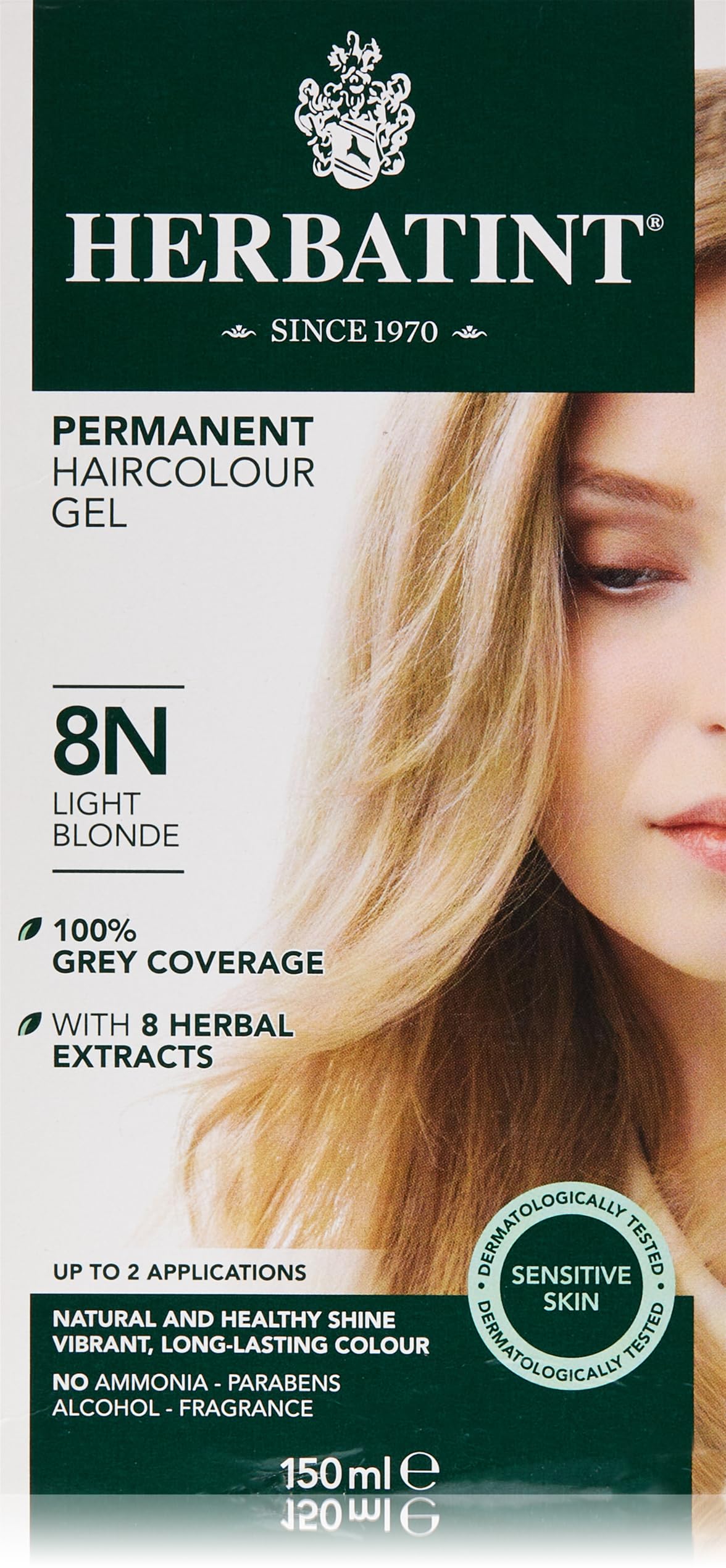 Herbatint Permanent Haircolor Gel, 8N Light Blonde, Alcohol Free, Vegan, 100% Grey Coverage - 4.56 oz