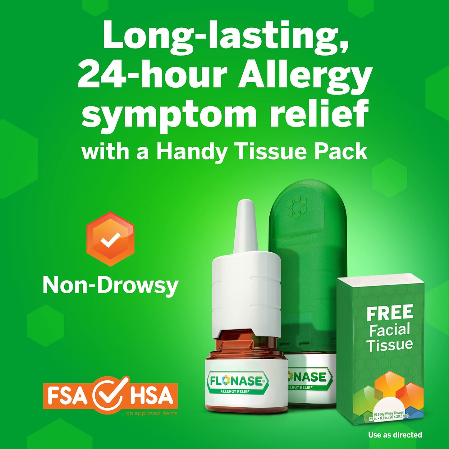 Flonase Allergy Relief Nasal Spray, 24 Hour Non Drowsy Allergy Medicine, Metered Nasal Spray - 144 Sprays (Pack of 2) + Pack of Tissues- Fall and Seasonal Allergy Relief