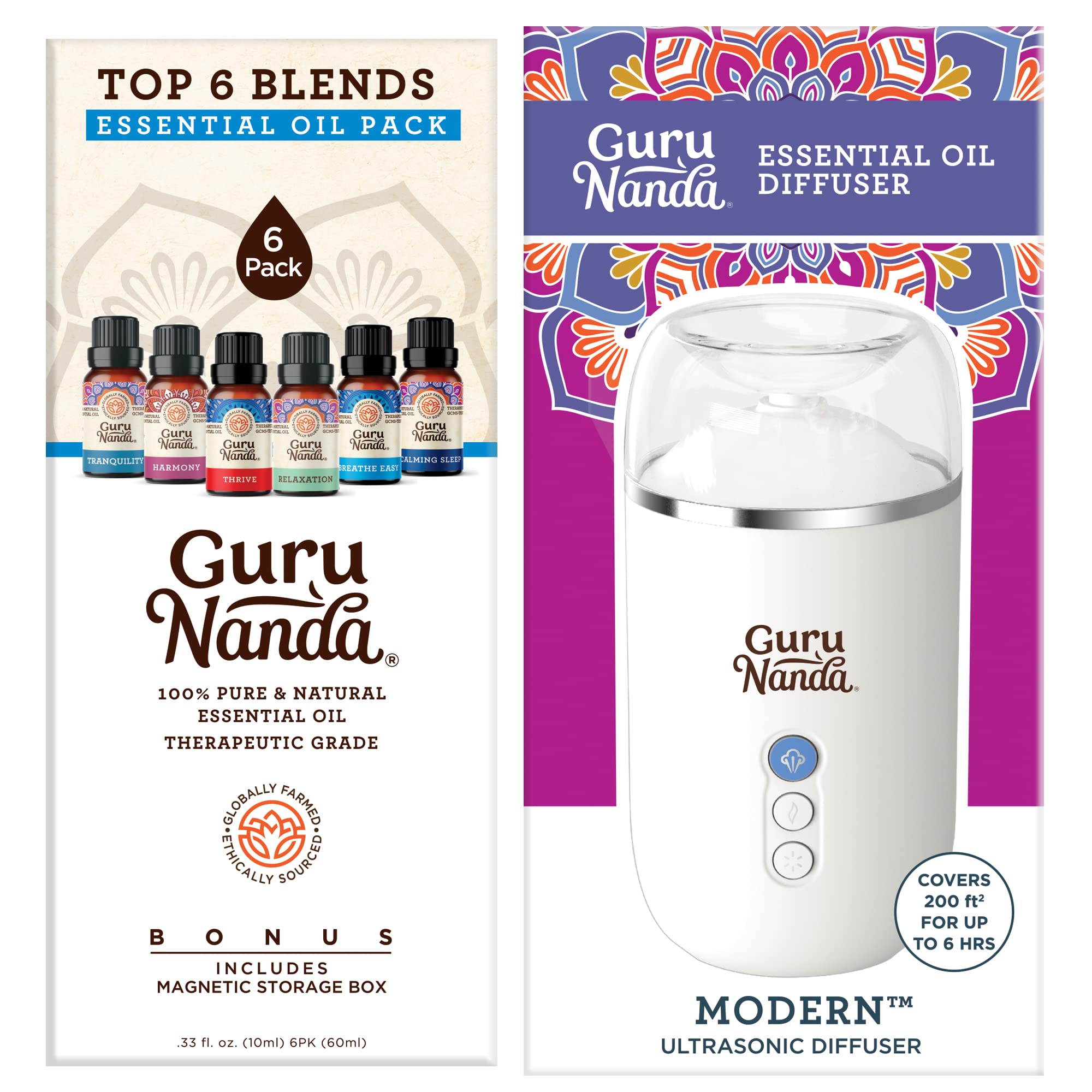 Guru Nanda (Set of 6) Therapeutic Grade Essential Oil Blends - 100% Pure & Natural Aromatherapy Blends for Oil Diffusers & Topical Use & GuruNanda Essential Oil Diffuser (Pack of 2)